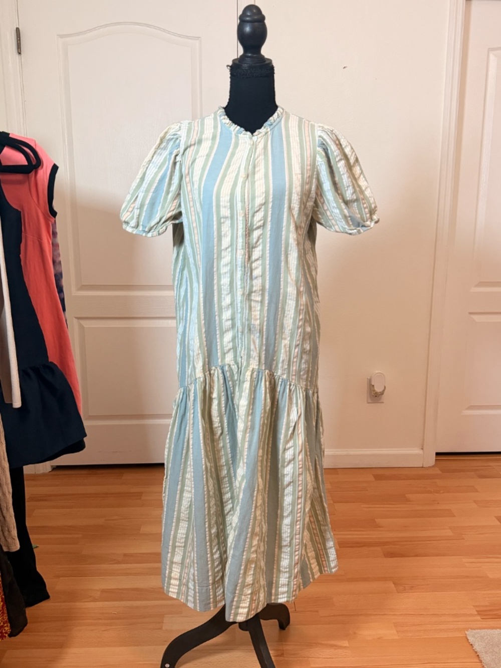 LOFT Beach 100% Cotton Pastel Striped Puff Sleeve Midi Dress Cottagecore Sz M